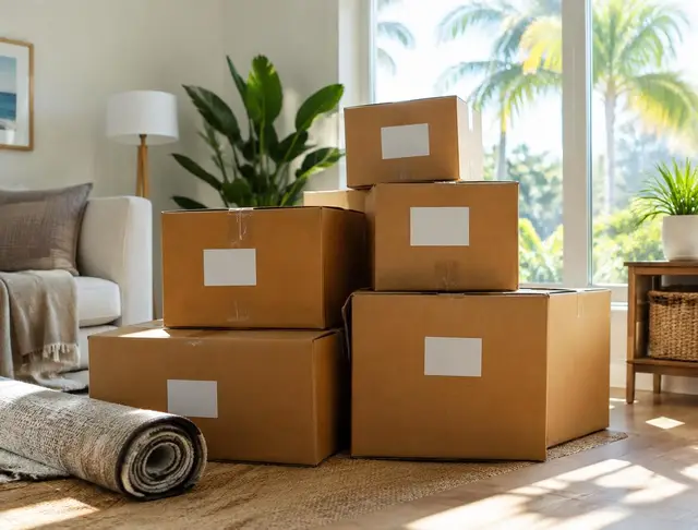 Cajas de mudanza etiquetadas en una sala