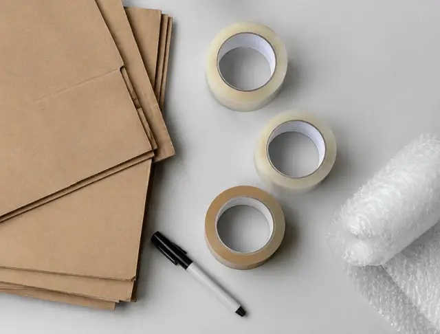 Cajas, cinta y plástico burbuja para mudanza